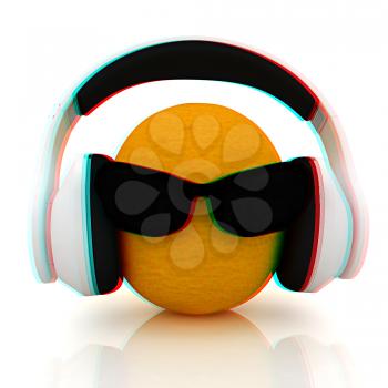 oranges with sun glass and headphones front face on a white background. 3D illustration. Anaglyph. View with red/cyan glasses to see in 3D.