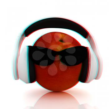 fresh peaches with sun glass and headphones front face on a white background. 3D illustration. Anaglyph. View with red/cyan glasses to see in 3D.
