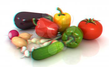 fresh vegetables with green leaves on a white background. 3D illustration. Anaglyph. View with red/cyan glasses to see in 3D.