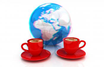 Coffee Global World concept on a white background. 3D illustration. Anaglyph. View with red/cyan glasses to see in 3D.