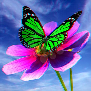 Beautiful Cosmos Flower and butterfly against the sky. Anaglyph. View with red/cyan glasses to see in 3D. 3D illustration