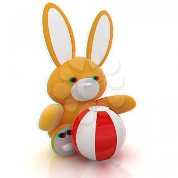 soft toy hare and colorful aquatic ball on a white background. 3D illustration. Anaglyph. View with red/cyan glasses to see in 3D.
