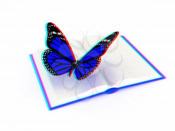 butterfly on a book on a white background. 3D illustration. Anaglyph. View with red/cyan glasses to see in 3D.