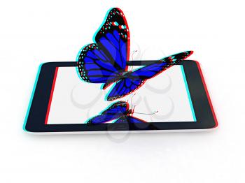 butterflies on a phone on a white background. 3D illustration. Anaglyph. View with red/cyan glasses to see in 3D.