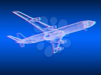 3d model Flying airplane on gradient background. 3D illustration. Anaglyph. View with red/cyan glasses to see in 3D.