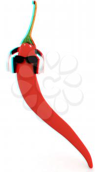 chili pepper with sun glass and headphones front face on a white background. 3D illustration. Anaglyph. View with red/cyan glasses to see in 3D.