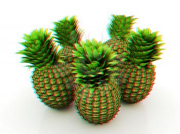 pineapples on a white background. 3D illustration. Anaglyph. View with red/cyan glasses to see in 3D.