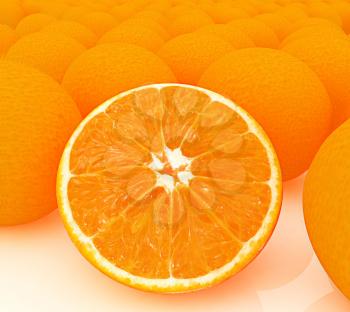 half oranges and oranges on a white background. 3D illustration. Anaglyph. View with red/cyan glasses to see in 3D.