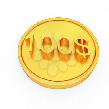 Gold 100 dollar coin on a white background. 3D illustration. Anaglyph. View with red/cyan glasses to see in 3D.