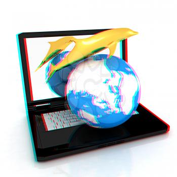 Golden Dolphin from the laptop. Global concept. 3D illustration. Anaglyph. View with red/cyan glasses to see in 3D.
