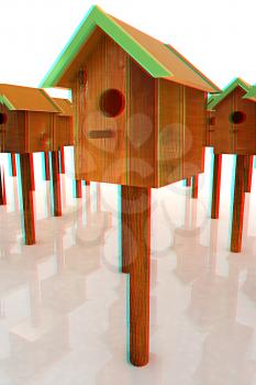 Nest box birdhouse on a white background. 3D illustration. Anaglyph. View with red/cyan glasses to see in 3D.
