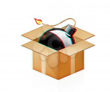 black bomb burning in cardboard box on a white background. 3D illustration. Anaglyph. View with red/cyan glasses to see in 3D.