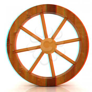wooden wheel on a white background. 3D illustration. Anaglyph. View with red/cyan glasses to see in 3D.