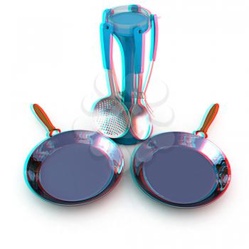 pan and cutlery on a white background. 3D illustration. Anaglyph. View with red/cyan glasses to see in 3D.