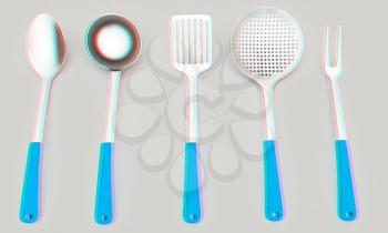 cutlery on a light gray background. 3D illustration. Anaglyph. View with red/cyan glasses to see in 3D.