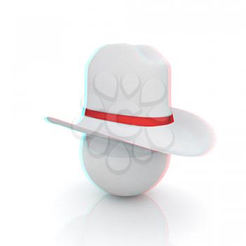 3d white hat on white ball. 3D illustration. Anaglyph. View with red/cyan glasses to see in 3D.