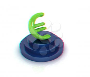 Euro sign on podium. 3D icon on white background. 3D illustration. Anaglyph. View with red/cyan glasses to see in 3D.