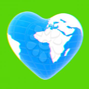 3d earth to heart symbol on a green background. 3D illustration. Anaglyph. View with red/cyan glasses to see in 3D.