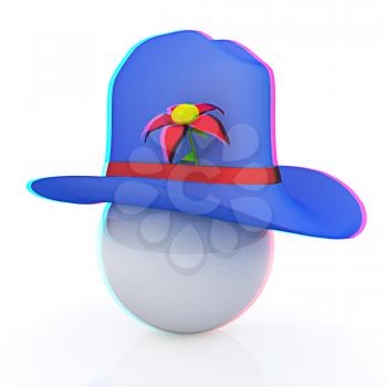Blue hat on a blue hat with fantastic flower on white background. 3d. 3D illustration. Anaglyph. View with red/cyan glasses to see in 3D.