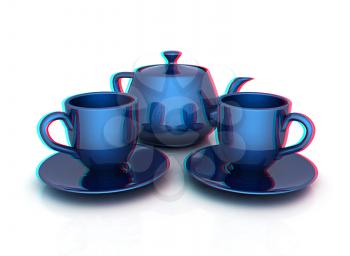 3d cups and teapot on a white background. 3D illustration. Anaglyph. View with red/cyan glasses to see in 3D.
