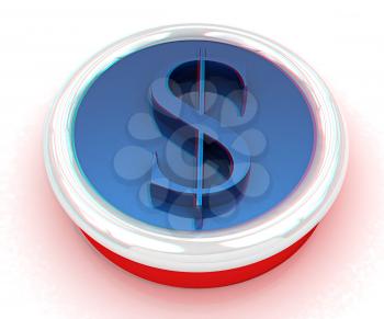 Dollar button on a white background. 3D illustration. Anaglyph. View with red/cyan glasses to see in 3D.