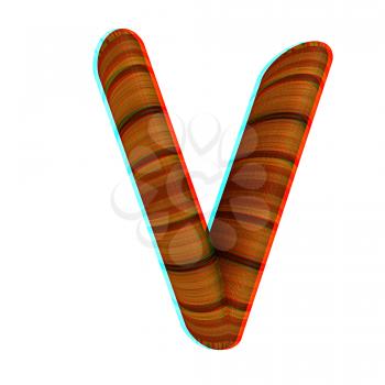 Wooden Alphabet. Letter V on a white background. 3D illustration. Anaglyph. View with red/cyan glasses to see in 3D.