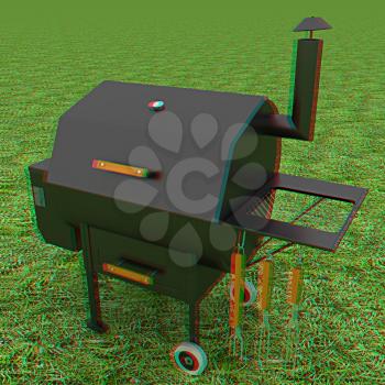 oven barbecue grill on the green grass. 3D illustration. Anaglyph. View with red/cyan glasses to see in 3D.