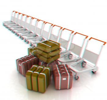 Trolleys for luggages at the airport and luggages . 3D illustration. Anaglyph. View with red/cyan glasses to see in 3D.