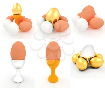Eggs, gold easter egg and egg cups. Easter set. 3D illustration. Anaglyph. View with red/cyan glasses to see in 3D.