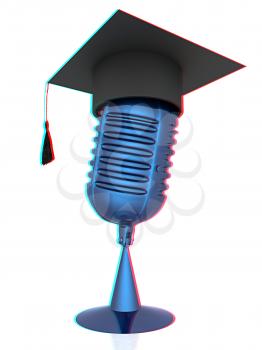 New 3d concept of education with microphone and graduation hat. 3D illustration. Anaglyph. View with red/cyan glasses to see in 3D.