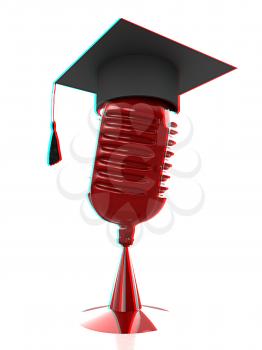 New 3d concept of education with microphone and graduation hat. 3D illustration. Anaglyph. View with red/cyan glasses to see in 3D.