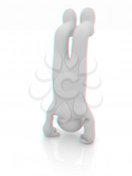 3d man isolated on white. Series: morning exercises - performs three-point head stand with hands on floor. 3D illustration. Anaglyph. View with red/cyan glasses to see in 3D.