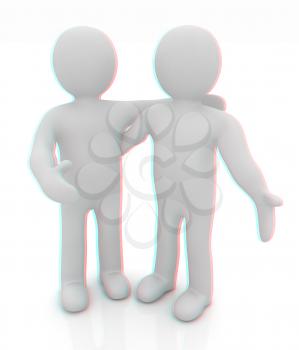 Friends standing next to an embrace. 3d image. Isolated white background. . 3D illustration. Anaglyph. View with red/cyan glasses to see in 3D.