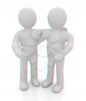 Friends standing next to an embrace. 3d image. Isolated white background. . 3D illustration. Anaglyph. View with red/cyan glasses to see in 3D.