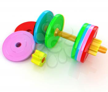 Colorful dumbbells are assembly and disassembly on a white background. 3D illustration. Anaglyph. View with red/cyan glasses to see in 3D.