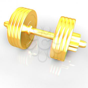 Gold dumbbells on a white background. 3D illustration. Anaglyph. View with red/cyan glasses to see in 3D.