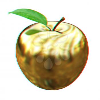 Gold apple isolated on white background. Series: Golden apple under different environments. 3D illustration. Anaglyph. View with red/cyan glasses to see in 3D.
