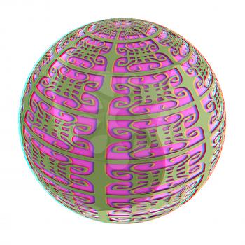Arabic abstract glossy dark green geometric sphere and pink sphere inside. 3D illustration. Anaglyph. View with red/cyan glasses to see in 3D.
