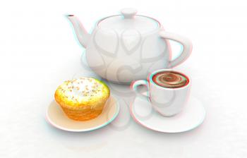 Appetizing pie and cup of coffee on a white background. 3D illustration. Anaglyph. View with red/cyan glasses to see in 3D.