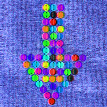 colorful real button arrow sewn to the cloth. 3D illustration. Anaglyph. View with red/cyan glasses to see in 3D.
