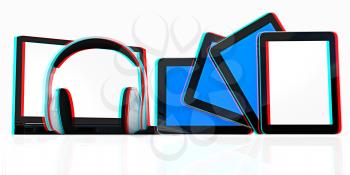 headphones on the  laptop and  tablet pc on a white background. 3D illustration. Anaglyph. View with red/cyan glasses to see in 3D.