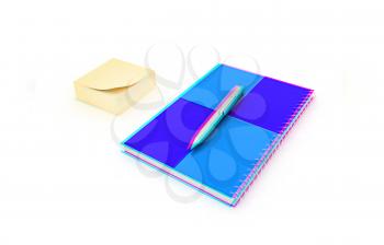 notepad with pen on a white. 3D illustration. Anaglyph. View with red/cyan glasses to see in 3D.