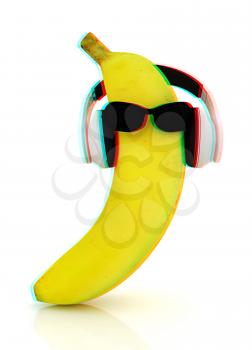 banana with sun glass and headphones front face on a white background. 3D illustration. Anaglyph. View with red/cyan glasses to see in 3D.