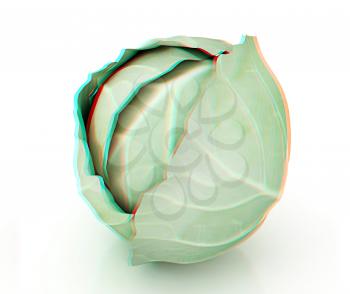 Green cabbage on a white background. 3D illustration. Anaglyph. View with red/cyan glasses to see in 3D.