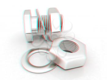 stainless steel bolts with a nuts and washers on white. 3D illustration. Anaglyph. View with red/cyan glasses to see in 3D.