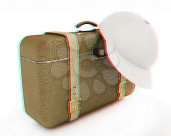 Brown traveler's suitcase and peaked cap on a white background. 3D illustration. Anaglyph. View with red/cyan glasses to see in 3D.
