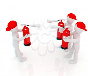 3d mans with red fire extinguisher. The concept of confrontation on a white background. 3D illustration. Anaglyph. View with red/cyan glasses to see in 3D.