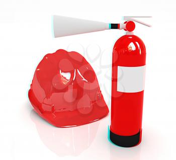 Red fire extinguisher and hardhat on a white background. 3D illustration. Anaglyph. View with red/cyan glasses to see in 3D.