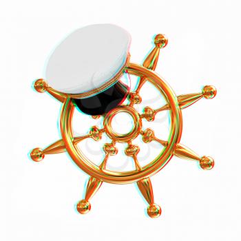 Marine cap on gold marine steering wheel on a white background. 3D illustration. Anaglyph. View with red/cyan glasses to see in 3D.