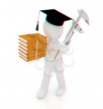 3d man in graduation hat with the best technical educational literature and vernier caliper on a white background. 3D illustration. Anaglyph. View with red/cyan glasses to see in 3D.